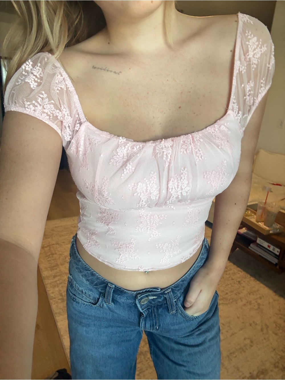 Madden Girl Pale Pink Lace Scoop-Neck Crop Top